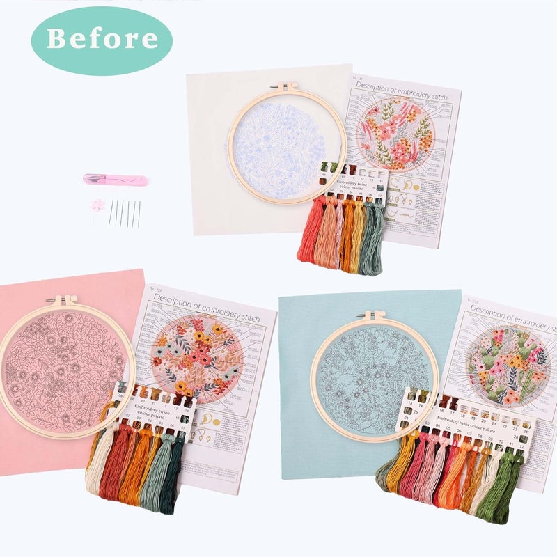 REEWISLY 3 pcs Embroidery Starter kit with Patterns and Instructions, DIY Adult Cross Stitch Kits Beginner, Including 3 Plastic Embroidery Rings, 1 Scissors, Colored Threads and Needles - Image 2